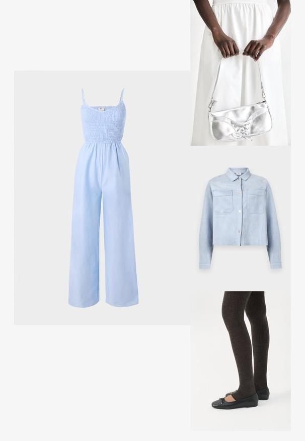 Lyseblå cropped button-up jakke med to brystlommer og lange ærmer, lavet af blødt ruskindslignende materiale.; Lysblå jumpsuit lavet af blødt stof, med et smocked bodice, tynde stropper og vide ben for en løs pasform.; Ben iført mørke ribbede leggings kombineret med sorte balletsko med små sløjfedetaljer på hvid baggrund.; Sølvmetallic håndtaske med snøredetaljer, der har et slankt design og en kort strop. Tasken holdes i hænderne for at fremvise dens tekstur.