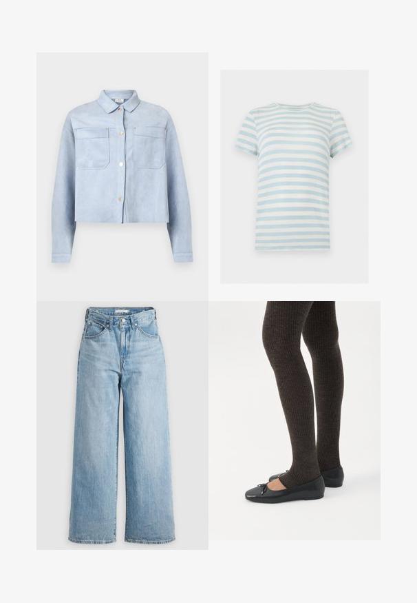 Chaqueta corta abotonada azul claro con dos bolsillos en el pecho y mangas largas, hecha de un material suave similar a la ante.; Camiseta de manga corta con relieve, con rayas horizontales en azul celeste y blanco y cuello redondo sobre un fondo blanco.; Vaqueros de pierna ancha de color azul claro con una cintura alta, confeccionados en tejido de denimbre. Presentan un diseño clásico de cinco bolsillos y herrajes metálicos.; Piernas con leggings oscuros acanalados combinados con bailarinas negras que presentan pequeños detalles de lazo sobre un fondo blanco.