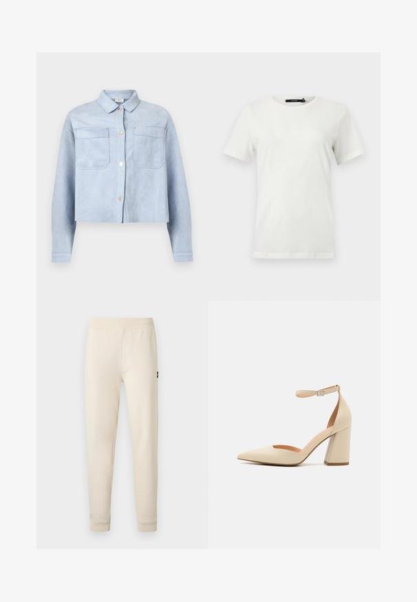 Lichtblauw cropped jack met knopen, twee borstzakken en lange mouwen, gemaakt van zacht suède-achtig materiaal.; Effen witte T-shirt met korte mouwen en ronde hals, met een rechte zoom, plat gelegd op een lichte achtergrond.; Roomkleurige slim-fit sweatpants met elastische tailleband en boorden, voorzien van een klein zwart logo op het bovenbeen.; Beige gepatineerd leren hoge hakpomp met een spitse neus, enkelbandje en een chunky hak. Gladde textuur met minimale stikdetails.