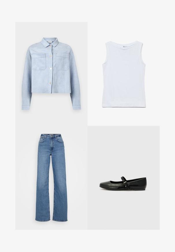 Lichtblauw cropped jack met knopen, twee borstzakken en lange mouwen, gemaakt van zacht suède-achtig materiaal.; Mouwloze witte katoenen top met een brede ronde hals en rechte zoom, plat uitgestald op een witte achtergrond.; Wijde blauwe spijkerbroek van denim, met een hoge taille, klassiek vijf-pocketontwerp en een schone zoom met minimale slijtage.; Zwarte leren balletschoenen met een ronde neus, een platte zool en een dunne verstelbare band over de wreef met een metalen gesp.