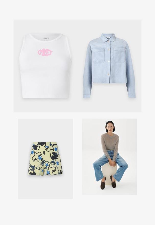 Chaqueta corta abotonada azul claro con dos bolsillos en el pecho y mangas largas, hecha de un material suave similar a la ante.; Top corto blanco de canalé con un logo rosa de "OBEY" en el centro. Diseñado con un escote redondo y sin mangas.; Pantalones cortos beige con un patrón abstracto de aves negras y estrellas azules dispersas en la tela.; Joven mujer con cabello negro corto sentada sobre un bloque blanco, vistiendo un suéter beige de textura suave, jeans azules y mocasines marrón oscuro, sobre un fondo blanco.