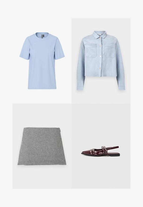 Veste courte bleu clair à boutons, avec deux poches poitrine et manches longues, en matière douce semblable à du daim.; T-shirt bleu clair à manches courtes en tissu doux, avec un col rond classique et sans motifs ni accessoires visibles.; Jupe mini trapèze à carreaux noirs et blancs avec une fermeture éclair latérale sur un fond uni.; Chaussure plate slingback en cuir verni bordeaux avec un bout pointu, présentant des lanières décoratives avec des accents métalliques.
