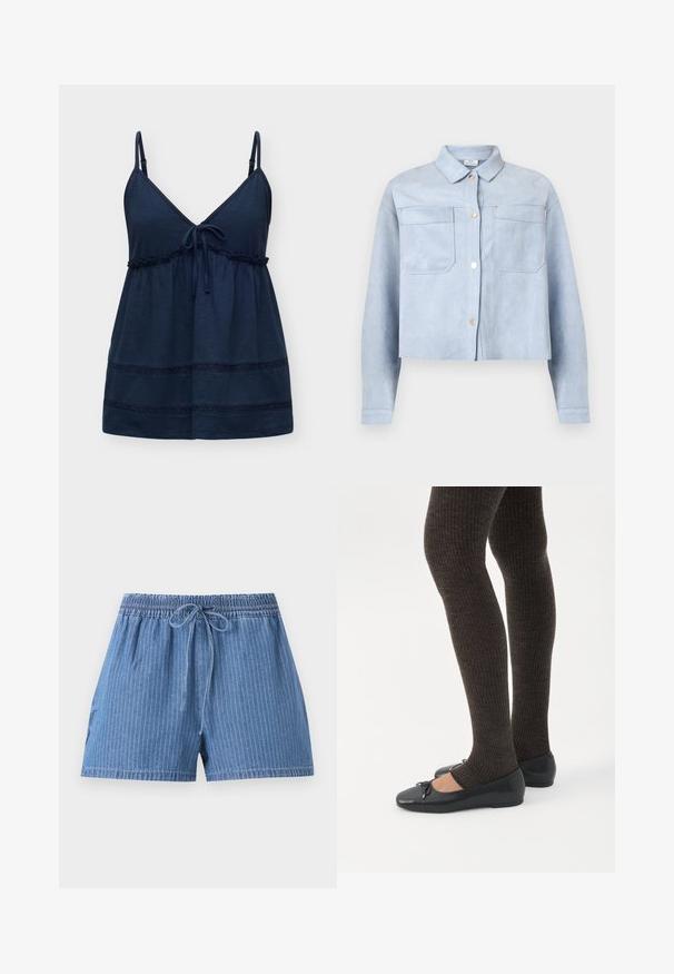 Veste courte bleu clair à boutons, avec deux poches poitrine et manches longues, en matière douce semblable à du daim.; Top caraco bleu marine sans manches avec bretelles réglables, encolure en V, lien noué au centre devant, et bordure en dentelle décorative près de l'ourlet.; Short en denim bleu avec fines rayures verticales, taille élastique et cordon de serrage à l’avant.; Jambes portant des leggings côtelés foncés associés à des ballerines noires avec de petits détails en nœud sur fond blanc.