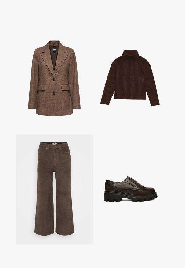 Brun ternet blazer med spidse klapper, to forlommer og en enkelt knaplukning. Teksturområde med en struktureret pasform.; Brun ribbet turtleneck sweater med lange ærmer og cropped silhuet, med et tykkere, struktureret strikdesign.; Brune bredbenede bukser i kordfløjl med ribbet tekstur, fem lommer og frontlukning med knap. Har et mærke i taljen.; Mørkebrun læder brogue sko med perforerede detaljer og tyk sort rillesål, set fra siden på hvid baggrund.