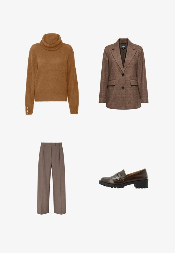 Brun ternet blazer med spidse klapper, to forlommer og en enkelt knaplukning. Teksturområde med en struktureret pasform.; Brun turtleneck trøje med en blød, struktureret overflade og lange ærmer. Har perle-lignende detaljer på manchetterne.; Brune bukser med brede ben, forreste folder, bæltestropper og skjult lukning foran, vist på en hvid baggrund.; Brun læder loafers med en tekstureret overflade, der har en markant rem over vampen, en robust sort gummisål og en lav blokhæll.
