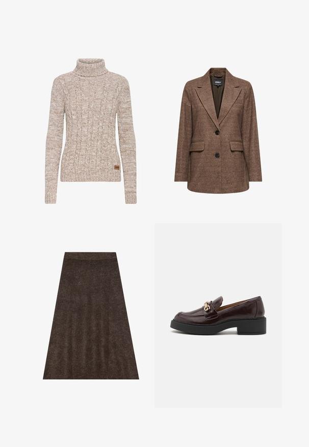 Blazer à carreaux marron avec un revers cranté, deux poches avant et une fermeture à un bouton. Tissu texturé avec une coupe structurée.; Pull à col roulé en tricot marbré beige et brun clair avec motifs torsadés et une petite étiquette de marque brune sur le côté inférieur.; Jupe en tricot marron avec une conception évasée, une taille élastique et une texture subtile. Le tissu semble doux et chaud.; Mocassin en cuir brun avec une boucle d'accent dorée, un talon noir en bloc et une texture lisse. La vue latérale met en avant un bout arrondi et des détails cousus.