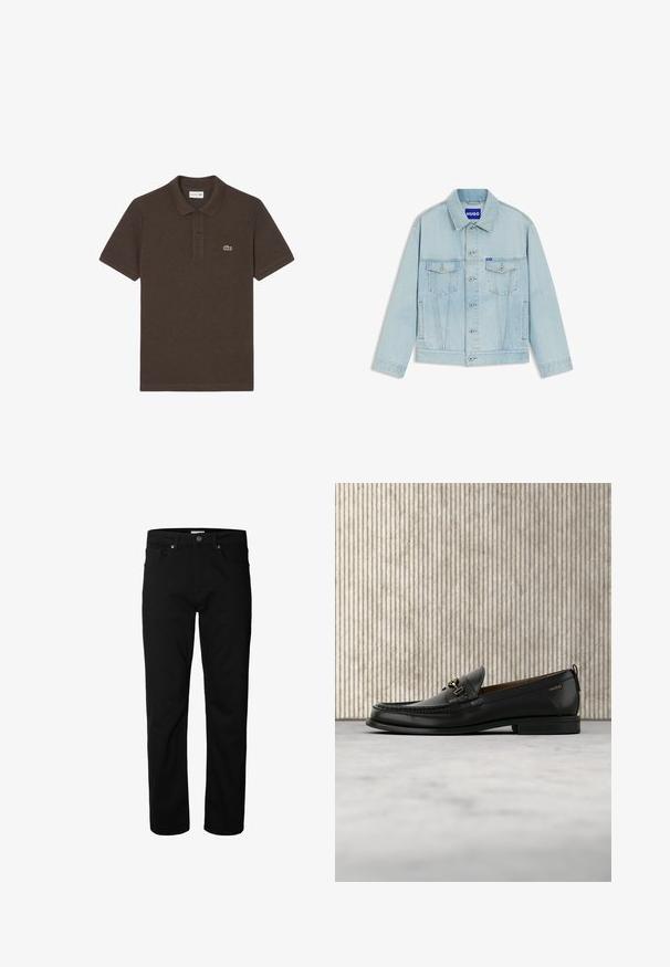 Hellblaue Jeansjacke mit Knopfleiste, zwei aufgesetzten Brusttaschen mit Klappe, Seitentaschen und einem "HUGO"-Etikett auf der Brusttasche sowie am Innenkragen.; Braunes Poloshirt aus Baumwolle mit klassischem Kragen, zwei schwarzen Knöpfen und einem kleinen grünen Lacoste-Logo auf der Brust.; Schwarze Jeans mit geradem Bein, Knopf- und Reißverschluss, Gürtelschlaufen und Taschen vorne und hinten, vor weißem Hintergrund dargestellt.; Schwarzer Lederloafer mit goldfarbenem Metallbit und "HUGO"-Markenlogo, präsentiert vor einem beigen Teppich und braunen durchsichtigen Möbelstücken.