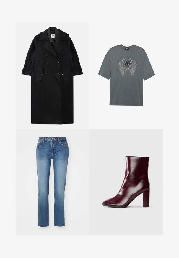 Sort dobbeltbrystet trench coat med brede kraver, knappede klaplommer, skulderepauleter og manchetremme, lagt fladt på hvid baggrund.; Grå oversized T-shirt med korte ærmer, der har et centralt print af detaljerede vinger i sort og hvid, med subtil tekstur.; Blå denimjeans med lige ben, der har et klassisk fem-lomme-design og en let falmet overflade. Detaljer inkluderer en knap og lynlås.; Skinnende mørk bordeaux læderstøvle til midt på læggen med spids tå og blokeret høj hæl på neutral baggrund.