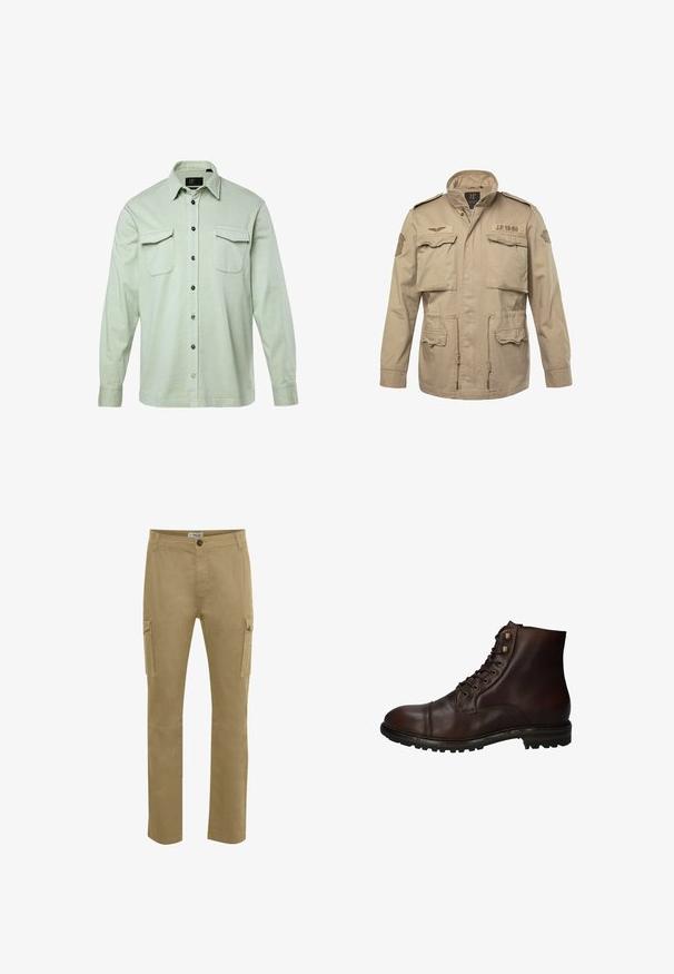 Beige militær-inspireret jakke med ståkrave, fire frontlommer og justerbar snøring i taljen. Har patches på skuldrene.; Lys grøn langærmet skjorte med knapfront, to brystlommer og sorte knapper. Fremstillet af tekstureret stof, med foldet krave og manchetter.; Tan cargo bukser med lige pasform, lavet af holdbar bomuld. Har sidelommer, knappelukning og forstærkede knædetaljer.; Mørkebrun læder snørebånd ankelstøvle med robuste gummisål og metaløjer, set fra den ydre side.