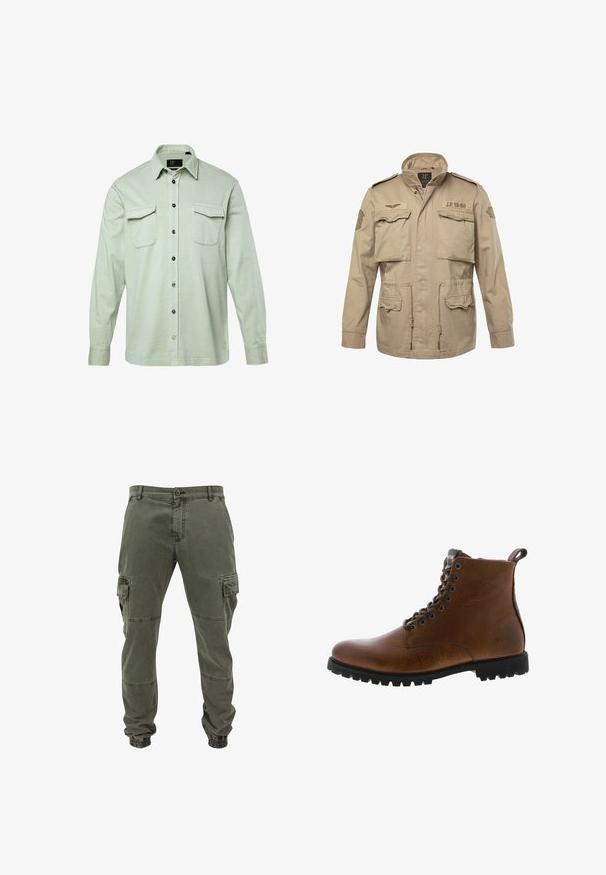 Beige militær-inspireret jakke med ståkrave, fire frontlommer og justerbar snøring i taljen. Har patches på skuldrene.; Lys grøn langærmet skjorte med knapfront, to brystlommer og sorte knapper. Fremstillet af tekstureret stof, med foldet krave og manchetter.; Cargo bukser i olivengrøn bomuld med elastiske manchetter, flere sidelommer og lige ben. Holdbart stof med mat finish.; Brune læder ankelstøvler med tekstureret overflade, metaløjer og sort gummisål. Har en træktab bagpå for nem påtagning.