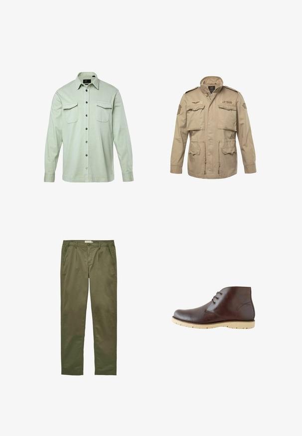 Beige militær-inspireret jakke med ståkrave, fire frontlommer og justerbar snøring i taljen. Har patches på skuldrene.; Lys grøn langærmet skjorte med knapfront, to brystlommer og sorte knapper. Fremstillet af tekstureret stof, med foldet krave og manchetter.; Olivengrønne, lige, afslappede bukser med forreste knap og lynlås, bæltestropper og sidelommer.; Brune læder ankelstøvler med en glat finish, der har to snøreringe, en rund tå og lette gummisåler med skridsikre riller.