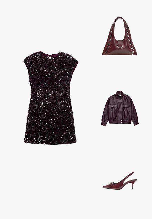 Veste en cuir texturé violet foncé avec col montant, fermeture éclair sur le devant et bouton-pression, deux poches à rabat sur la poitrine et poches latérales.; Robe courte violette recouverte de sequins, avec des manches courtes et un détail de dos en trou de serrure. Tissu lisse avec un effet de brillance texturé.; Escarpin à talon avec bride de derrière en cuir verni bordeaux, à bout pointu, avec un détail en nœud sur le devant et un talon aiguille fin. Fini lisse et brillant.; Sac à main en cuir bordeaux de forme triangulaire, avec une seule bandoulière, des clous circulaires argentés le long des bords et un détail central en anneau argenté.