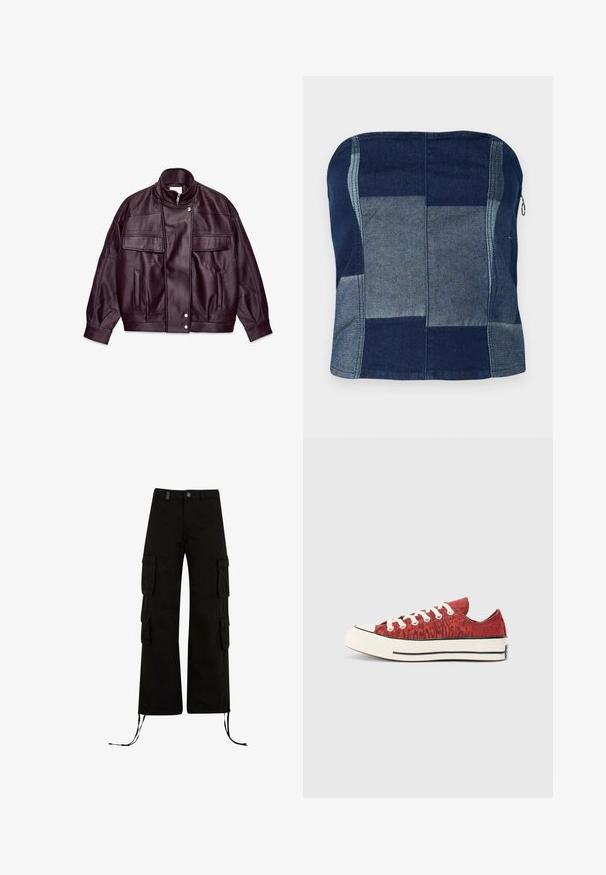 Tume lilla tekstuuriga nahkjakk, millel on kõrge krae, ees lukuga ja nööbiga sulgemine, kaks klapiga rinna taskut ja küljetaskud.; Tumesinist denim ilma õlakuubita top, millel on kokku pandud disain erinevates toonides, sile tekstuur ja külgzipper.; Mustad laiad cargo püksid, mis on lõdva lõikega, külgedel on cargo taskud, paelteraga varrukad ja nupuga kinnitamine vööl.; Punane kangast tennisekingad tekstuuriga mustriga, valged paelad ja mustad aktsendid kummitaldal. Madal disain ja ümar varvas.