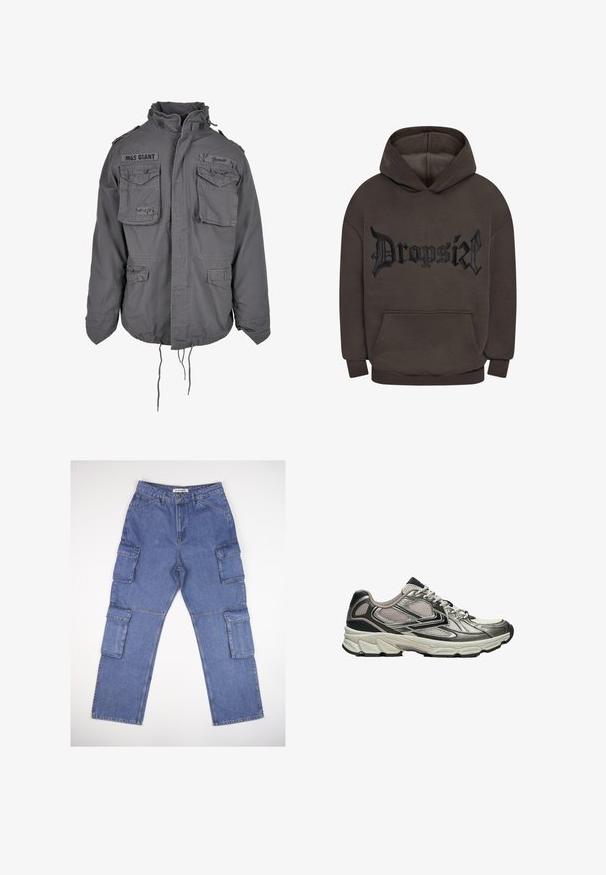 Militaire stijl grijze jas met een hoge kraag, meerdere voorzakken, verstelbare koord onderrand en geborduurde tekstdetails.; Bruine katoenen hoodie met een voorzak en een capuchon met trekkoord. Heeft het woord "Dropsiäl" in een verhoogd zwart gotisch lettertype.; Blauwe denim cargobroek met meerdere zijzakken, een rechte pasvorm en een klassieke tailleband. De stof heeft een lichte textuur en vervaging.; Lichtgrijze en zwarte atletische hardloopschoen met meshpanelen, gevoerde zool en witte met patroon gevlochten veters, zijaanzicht op witte achtergrond.