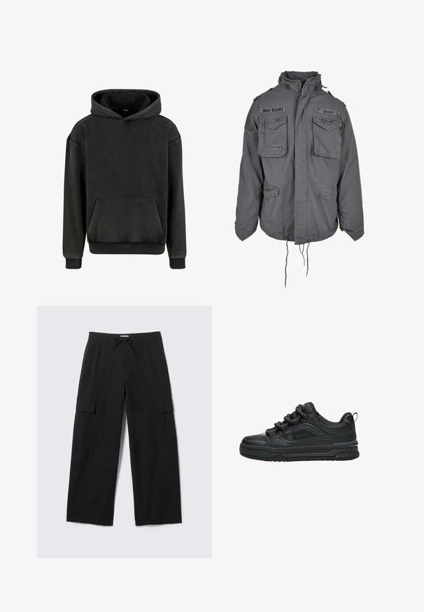 Militärstil graue Jacke mit hohem Kragen, mehreren Fronttaschen, verstellbarem Kordelzugsaum und gestickten Textdetails.; Urban Classics Kapuzenpullover - magnet; Schwarze Cargo-Hose mit weitem Bein, vorderen Taschen, Oberschenkeltaschen mit Klappen, Gürtelschlaufen und Kordelzugbund, flach auf einem weißen Hintergrund ausgelegt.; Schwarzer Low-Top-Sneaker mit dicker Sohle, gepolstertem Kragen, Mesh-Einsätzen und kräftigen Schnürsenkeln, dargestellt vor weißem Hintergrund.