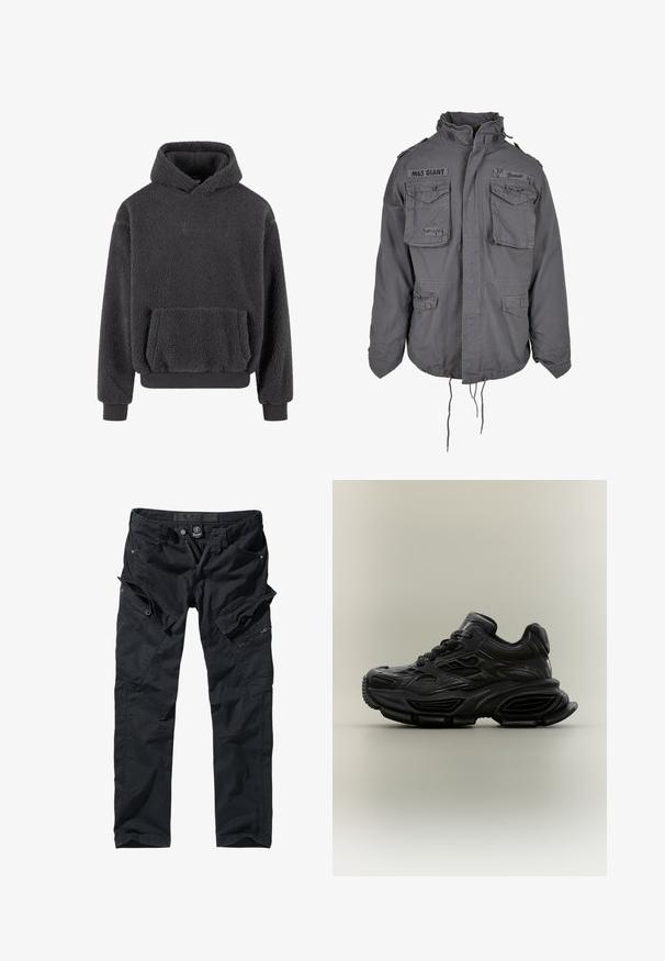 Militærstil grå jakke med høj krave, flere frontlommer, justerbar snor i kanten og broderede tekstdetaljer.; Fleece hoodie i mørkegrå med en tekstureret overflade, en kangaroo-lomme og ribbede manchetter og kant. Har et lille logo på brystet.; Sorte cargo bukser lavet af slidstærkt stof med flere lommer, lynlåse og en justerbar talje for funktionalitet og komfort.; Sort chunky sneaker med tekstureret design, tyk sål og snørelukning vist mod en almindelig neutral baggrund.