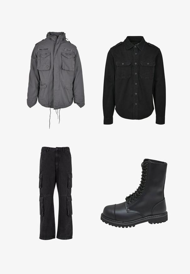 Chaqueta gris de estilo militar con cuello alto, múltiples bolsillos frontales, dobladillo ajustable con cordón y detalles de texto bordados.; Camisa negra de manga larga fabricada en algodón. Presenta un cuello con solapa, dos bolsillos en el pecho, cierre de botones y una tela texturizada.; Pantalones cargo negros de mezclilla, con un corte holgado, múltiples bolsillos laterales y detalles de costura. La textura está ligeramente descolorida.; Bota de combate de cuero negro con caña alta, parte frontal con cordones, cuello acolchado y suela texturizada resistente para un buen agarre. Presenta una puntera reforzada.