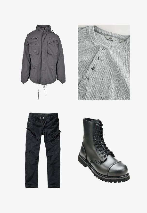 Militärstil graue Jacke mit hohem Kragen, mehreren Fronttaschen, verstellbarem Kordelzugsaum und gestickten Textdetails.; Graues, gestricktes Langarmshirt mit Rundhalsausschnitt, fünf Knöpfen, gerippter Textur und schlankem Schnitt. Das Etikett zeigt Größe M an.; Schwarze Cargo-Hosen aus strapazierfähigem Stoff, ausgestattet mit mehreren Taschen, Reißverschlüssen und einem verstellbaren Bund für Funktionalität und Komfort.; Schwarze Lederkampfstiefel mit hohem Knöchel, runder Zehenpartie, Schnürung vorne und robustem Gummisohle mit tiefem Profil für besseren Grip.