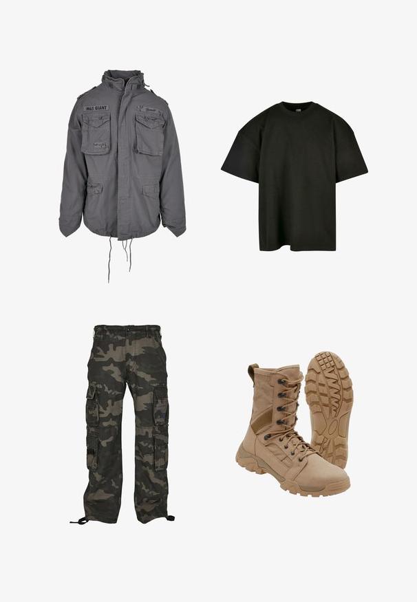 Militärstil graue Jacke mit hohem Kragen, mehreren Fronttaschen, verstellbarem Kordelzugsaum und gestickten Textdetails.; Schwarzes, oversized T-Shirt aus weicher Baumwolle. Verfügt über einen runden Halsausschnitt und kurze Ärmel, mit einer glatten Textur und minimalistischem Design.; Tarnfarbene Cargo-Hosen in Dunkelgrün und Grau, ausgestattet mit mehreren Seitentaschen, einem Knopfverschluss und verstellbaren Knöchel-Zugbändern.; Brauner taktischer Stiefel mit schnürbarem Knöchel-Design und robuster Gummisohle, ein Stiefel steht aufrecht, der andere zeigt das Profil der Sohle.