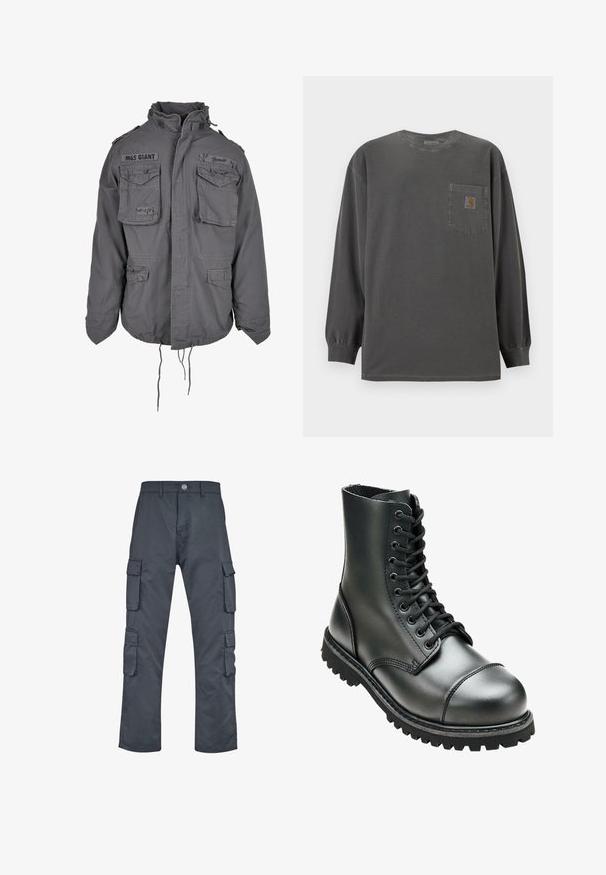 Veste grise de style militaire avec un grand col, plusieurs poches avant, un ourlet à cordon réglable et des détails de texte brodés.; T-shirt à manches longues gris foncé, col rond, avec une poche poitrine portant un petit patch logo Carhartt.; Pantalons cargo gris foncé avec une coupe droite, dotés de plusieurs poches latérales et d'une fermeture à bouton à l'avant. Fabriqués en tissu durable.; Botte de combat en cuir noir avec une tige haute, bout rond, laçage sur le devant et semelle en caoutchouc robuste avec un profil de crantage profond pour une meilleure adhérence.