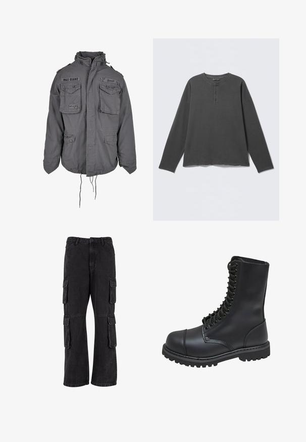 Chaqueta gris de estilo militar con cuello alto, múltiples bolsillos frontales, dobladillo ajustable con cordón y detalles de texto bordados.; Camiseta henley de manga larga en gris oscuro con escote redondo y tres botones en la tapeta frontal.; Pantalones cargo negros de mezclilla, con un corte holgado, múltiples bolsillos laterales y detalles de costura. La textura está ligeramente descolorida.; Bota de combate de cuero negro con caña alta, parte frontal con cordones, cuello acolchado y suela texturizada resistente para un buen agarre. Presenta una puntera reforzada.