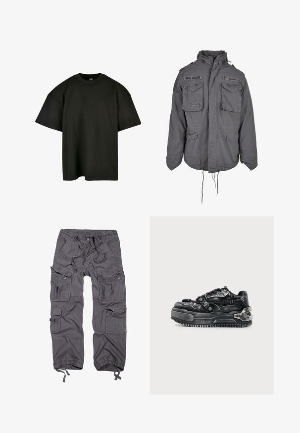 Chaqueta gris de estilo militar con cuello alto, múltiples bolsillos frontales, dobladillo ajustable con cordón y detalles de texto bordados.; Camiseta negra de corte oversized en suave algodón. Presenta un cuello redondo y mangas cortas, con una textura suave y un diseño minimalista.; Pantalones cargo grises con múltiples bolsillos, cintura con cordón, cierre de botón, puños ajustados y un acabado de tela texturizada.; Zapatilla chunky negra con suela gruesa, diseño con cordones, correas texturizadas y detalles metálicos en el talón y los lados sobre un fondo claro.
