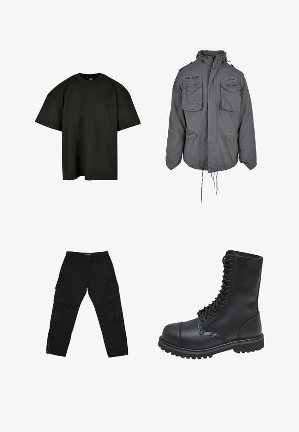 Chaqueta gris de estilo militar con cuello alto, múltiples bolsillos frontales, dobladillo ajustable con cordón y detalles de texto bordados.; Camiseta negra de corte oversized en suave algodón. Presenta un cuello redondo y mangas cortas, con una textura suave y un diseño minimalista.; Pantalones cargo negros hechos de tela duradera, con múltiples bolsillos cargo, tobillos con cremallera y piernas rectas con sutiles detalles de costura.; Bota de combate de cuero negro con caña alta, parte frontal con cordones, cuello acolchado y suela texturizada resistente para un buen agarre. Presenta una puntera reforzada.