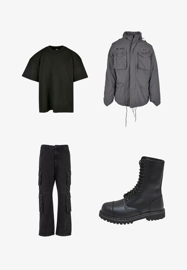 Militaire stijl grijze jas met een hoge kraag, meerdere voorzakken, verstelbare koord onderrand en geborduurde tekstdetails.; Zwart oversized t-shirt van zachte katoen. Heeft een ronde ronde halslijn en korte mouwen, met een zachte textuur en een minimalistisch ontwerp.; Zwarte cargobroek van denim, met een losse pasvorm, meerdere zijzakken en gestikte details. De textuur is iets vervaagd.; Zwarte leren gevechtslaars met een hoge schacht, vetersluiting aan de voorkant, gewatteerde kraag en een stevige, gestructureerde zool voor grip. Bevat een versterkte neus.