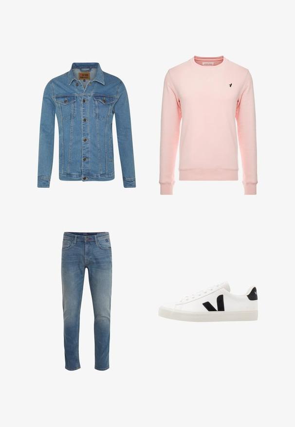 Hellblaue Denimjacke mit Kragen, zwei Brusttaschen, Knopfverschluss und kontrastierenden Nähten.; Rosa Sweatshirt mit langen Ärmeln, rundem Halsausschnitt und gerippten Bündchen. Verfügt über ein kleines navyfarbenes Logo auf der linken Brust. Weiche Stofftextur.; Klassische blaue Jeans aus Denim mit geradem Bein, heller Waschung, fünf Taschen und dezenten Whiskering-Details. Mit Metallknopf und Reißverschluss versehen.; Weiße Leder-Sneaker mit schwarzen Wildlederelementen; verfügen über eine Gummisohle, eine runde Spitze und ein klassisches Schnürdesign. Seitliches Logo in Schwarz.