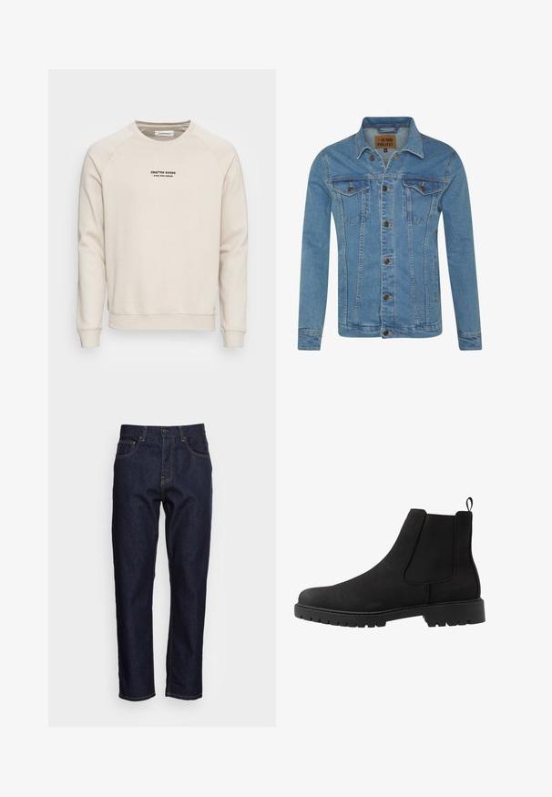 Lichtblauwe denimjas met een kraag, twee borstzakken, knoopsluitingen en contrasterende stikdetails.; Crème-kleurige sweatshirt met raglanmouwen, ribgebreide manchetten en zoom. Bevat een zwart tekstlogo aan de voorkant. Zacht, geweven stof.; Donkerblauwe spijkerbroeken met een rechte snit, vijf zakken en contrasterende gele stiksels. Ontworpen met een klassieke knoop- en ritssluiting.; Pier One UNISEX - Lage laarzen - black