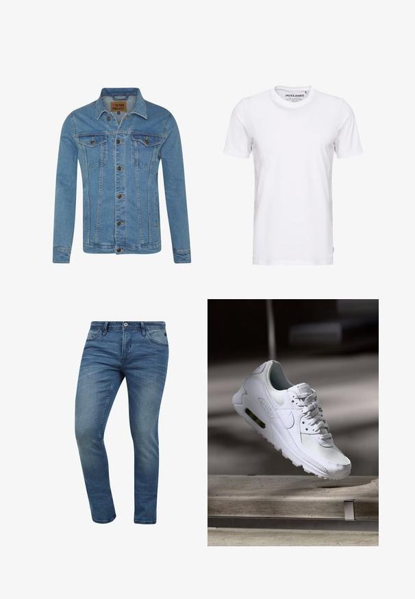 Veste en denim bleu clair avec col, deux poches poitrine, fermetures à bouton et détails de couture contrastants.; T-shirt blanc à manches courtes en coton, avec un col rond et un design simple. Étiquette de marque visible au niveau du cou. Aucun motif ni accent.; Jean en denim bleu slim fit avec un lavage décoloré, conception à cinq poches et fermeture à bouton en métal. Le tissu présente une légère texture et des détails de couture.; Sneaker Nike Air Max 90 blanche avec une tige en mesh et cuir, une boîte à orteils perforée et une unité air visible au talon.