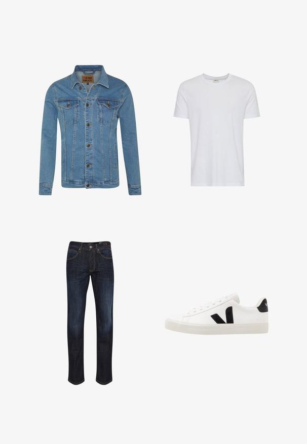 Lyseblå denimjakke med krave, to brystlommer, knaplukninger og kontrastsyninger.; Plain hvid kortærmet t-shirt med rund hals, vist på en hvid baggrund, med et lille nakke-label, der viser mærket “Solid”.; Mørkeblå denimjeans med lige ben, fem lommer, gyldne stikninger og en glat tekstur. Knaplukning ved taljen.; Hvide lædersneakers med sorte ruskindsdetaljer; har en gummisål, rund tå og klassisk snørebåndsdesign. Side logo i sort.