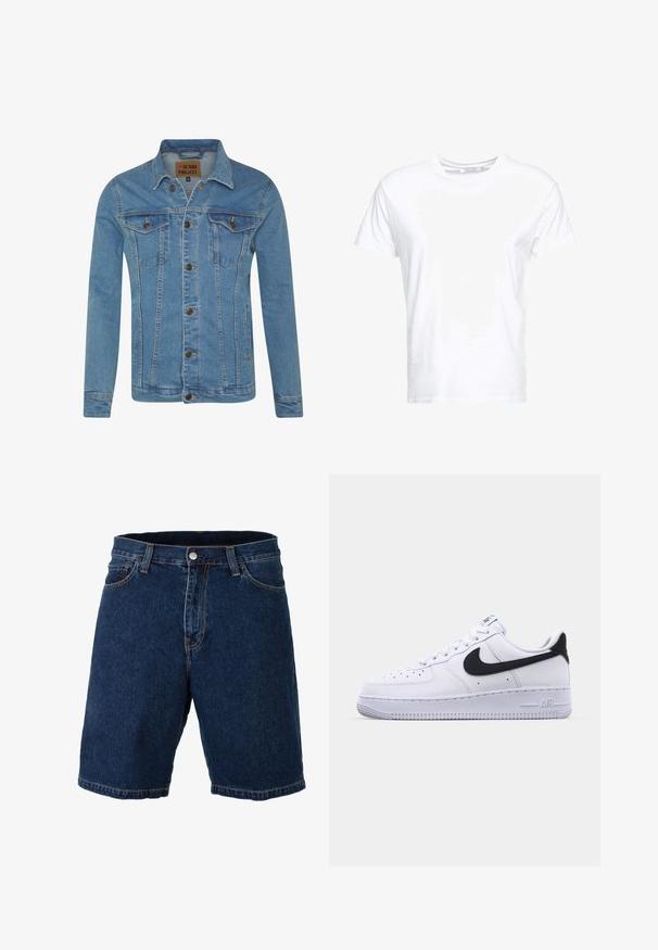 Hellblaue Denimjacke mit Kragen, zwei Brusttaschen, Knopfverschluss und kontrastierenden Nähten.; Weißes Baumwoll-T-Shirt mit rundem Ausschnitt und kurzen Ärmeln, im klassischen Schnitt und mit glatter Textur. Keine sichtbaren Muster oder Hardware.; Dunkelblaue Denim-Shorts mit geradem Schnitt, normalem Bund und Metallknopfverschluss; mit kontrastierendem gelbem Nähen und Saum.; Weißes Leder-Sneaker mit einem strukturierten schwarzen Swoosh, flachen Schnürsenkeln und einer Gummisohle mit genoppetem Muster. "AIR" ist auf der Ferse eingeprägt.