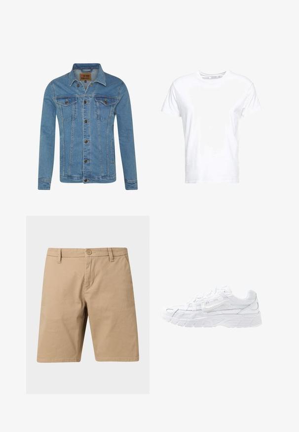 Veste en denim bleu clair avec col, deux poches poitrine, fermetures à bouton et détails de couture contrastants.; T-shirt en coton blanc avec un col rond et des manches courtes, au fit classique et à la texture lisse. Aucun motif ni accessoire visible.; Short chino beige longueur genou avec fermeture par bouton et passants pour ceinture, poches avant, présenté sur un fond clair.; Nike Sportswear P 6000 - Baskets basses - white/platinum tint