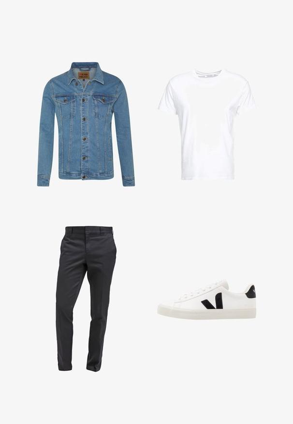 Chaqueta de mezclilla azul claro con cuello, dos bolsillos en el pecho, cierre de botones y detalles de costura en contraste.; Camiseta de algodón blanca con cuello redondo y mangas cortas, con un corte clásico y una textura suave. Sin patrones ni elementos metálicos visibles.; Pantalones negros a medida de tela suave, con un diseño de pierna recta, paso para cinturón y un cierre frontal clásico.; Zapatilla de cuero blanca con acentos de ante negro; presenta una suela de goma, puntera redonda y un diseño clásico de cordones. Logo lateral en negro.