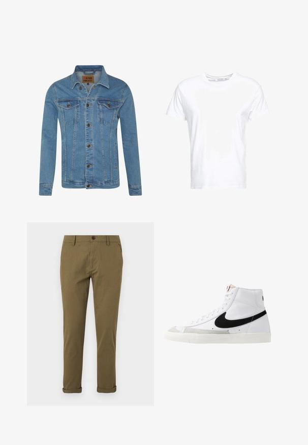 Lichtblauwe denimjas met een kraag, twee borstzakken, knoopsluitingen en contrasterende stikdetails.; Witte katoenen t-shirt met een ronde hals en korte mouwen, in een klassiek model met een gladde textuur. Geen patronen of hardware zichtbaar.; Slanke kaki chino voor heren met ceintuurlussen, knoopsluiting, zijzakken en opgerolde pijpzomen op een witte achtergrond.; Witte hoge sneakers met een zwarte swoosh, textuur grijze neus en een vlakke witte zool. Kenmerkt zes veteropeningen en gestikte accenten.
