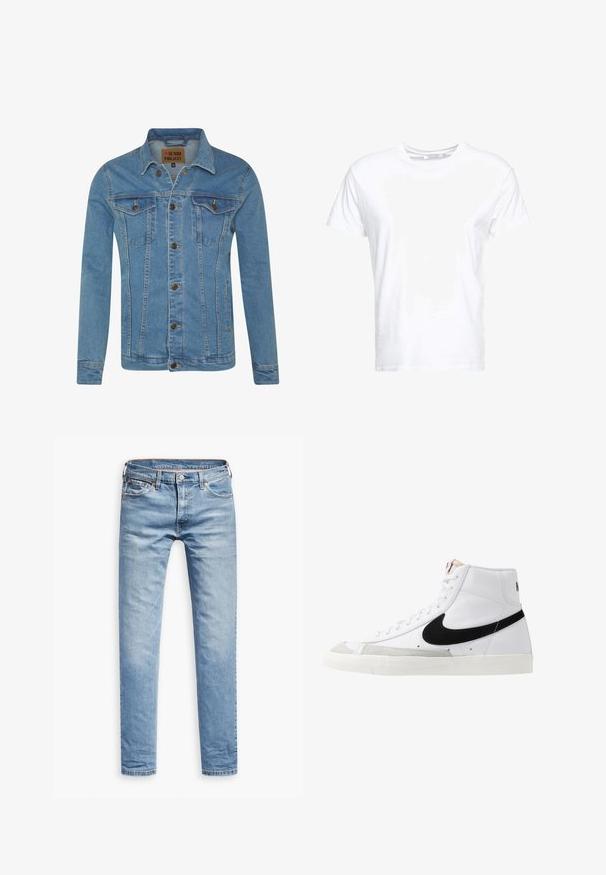 Lichtblauwe denimjas met een kraag, twee borstzakken, knoopsluitingen en contrasterende stikdetails.; Witte katoenen t-shirt met een ronde hals en korte mouwen, in een klassiek model met een gladde textuur. Geen patronen of hardware zichtbaar.; Lichtblauwe denim jeans, rechte pasvorm, vijf-pocket ontwerp, met een rits en knoopsluiting. Soepele textuur met subtiele vervagingsdetails.; Witte hoge sneakers met een zwarte swoosh, textuur grijze neus en een vlakke witte zool. Kenmerkt zes veteropeningen en gestikte accenten.