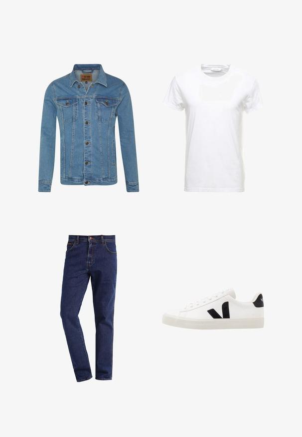 Lichtblauwe denimjas met een kraag, twee borstzakken, knoopsluitingen en contrasterende stikdetails.; Witte katoenen T-shirt met korte mouwen, ronde halsontwerp en een gladde textuur. Label zichtbaar bij de halslijn. Eenvoudige en klassieke stijl.; Donkerblauwe rechte denimjeans met voorzakken, knoopsluiting, riemlussen en zichtbare stiksels.; Witte leren sneaker met zwarte suède accenten; voorzien van een rubberen zool, ronde neus en een klassieke vetersluiting. Zijkant met logo in het zwart.