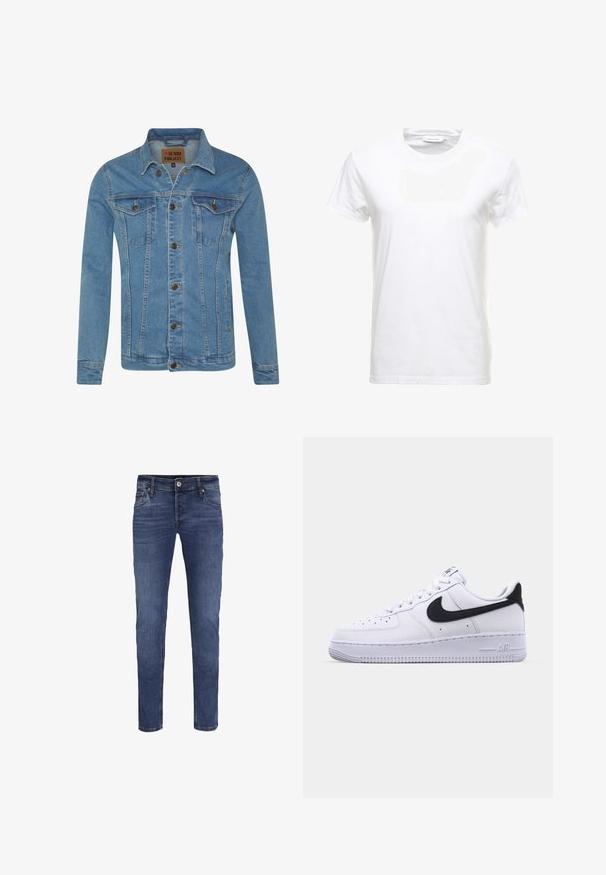 Lyseblå denimjakke med krave, to brystlommer, knaplukninger og kontrastsyninger.; Hvid bomulds T-shirt med korte ærmer, rund halsdesign og en glat tekstur. Etiket synlig ved halsudskæringen. Enkel og klassisk stil.; Slim-fit blå denim jeans til mænd med knap- og lynlåslukning, for- og baglommer samt subtile blege detaljer.; Hvide lædersneakers med en struktureret sort Swoosh, flade snørebånd og en gummisål med et rillemønster. "AIR" er præget på hælen.