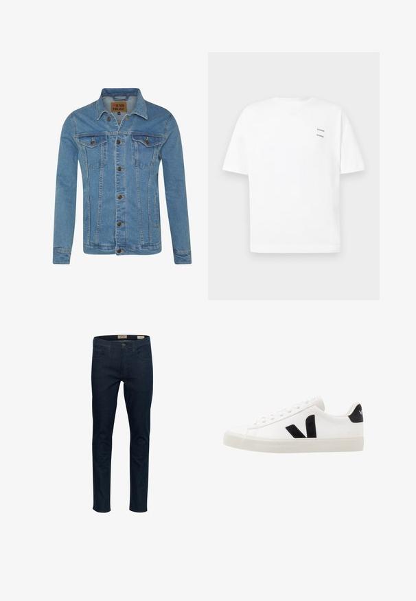 Veste en denim bleu clair avec col, deux poches poitrine, fermetures à bouton et détails de couture contrastants.; T-shirt blanc en coton avec une coupe décontractée, des manches courtes et un col en V. Présente deux petits logos noirs imprimés sur le côté gauche.; Jean en denim bleu foncé avec une coupe slim, cinq poches et une fermeture à bouton à l'avant. Présente des coutures discrètes et une texture lisse.; Sneaker blanche en cuir avec des accents en daim noir ; dispose d'une semelle en caoutchouc, d'un bout rond et d'un design classique à lacets. Logo latéral en noir.
