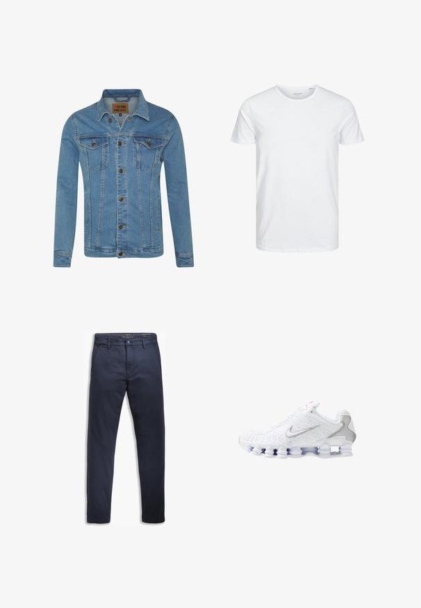 Veste en denim bleu clair avec col, deux poches poitrine, fermetures à bouton et détails de couture contrastants.; T-shirt à col rond à manches courtes de couleur blanche unie, fabriqué en coton doux, avec un design simple sans motifs ni accents visibles.; Chinos bleu marine en tissu de coton, avec une coupe ajustée, une fermeture éclair avec bouton, et deux poches avant. Texture lisse.; Chaussures de sport blanches avec une tige texturée, un logo Swoosh argenté, des empiècements en mesh et une semelle blanche segmentée distinctive.