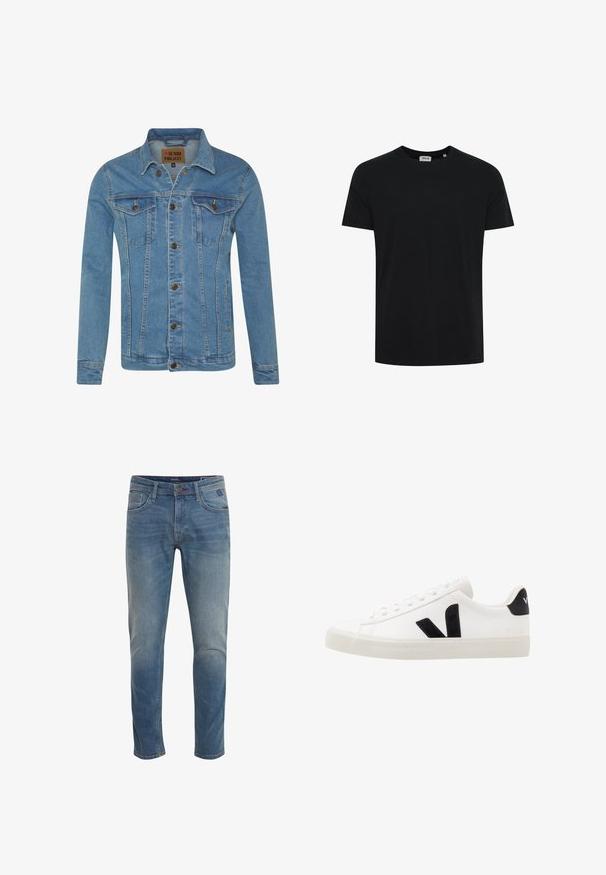 Chaqueta de mezclilla azul claro con cuello, dos bolsillos en el pecho, cierre de botones y detalles de costura en contraste.; Camiseta negra lisa de manga corta y cuello redondo mostrada sobre un fondo blanco, sin logotipos ni estampados visibles.; Vaqueros clásicos de mezclilla azul con corte recto, lavado claro, cinco bolsillos y un sutil detalle de arrugas. Cierre con botón metálico y cremallera.; Zapatilla de cuero blanca con acentos de ante negro; presenta una suela de goma, puntera redonda y un diseño clásico de cordones. Logo lateral en negro.