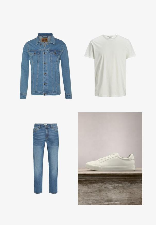 Hellblaue Denimjacke mit Kragen, zwei Brusttaschen, Knopfverschluss und kontrastierenden Nähten.; Weißes kurzärmeliges T-Shirt aus Bio-Baumwolle. Mit Rundhalsausschnitt und lockerer Passform, aus einem einfachen, glatten Material.; Hellblaue Jeans aus Denim mit klassischem geradem Bein, ausgestattet mit fünf Taschen, Metallknopfverschluss und leichtem Verblassen des Stoffes.; Weiße Schnürsneaker, die über einer Holzbank mit grünem Laub im Hintergrund schweben und das Schuhdesign sowie die Textur zeigen.