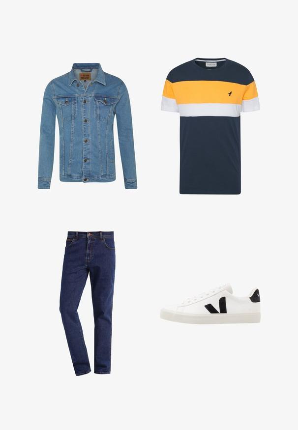 Lyseblå denimjakke med krave, to brystlommer, knaplukninger og kontrastsyninger.; Mørkeblå bomulds t-shirt med gule, hvide og mørkeblå vandrette striber samt et lille sort fuglelogo på brystet. Rund halsudskæring.; Mørkeblå straight-leg denimbukser med frontlommer, knaplukning, bæltestropper og synlig syning.; Hvide lædersneakers med sorte ruskindsdetaljer; har en gummisål, rund tå og klassisk snørebåndsdesign. Side logo i sort.