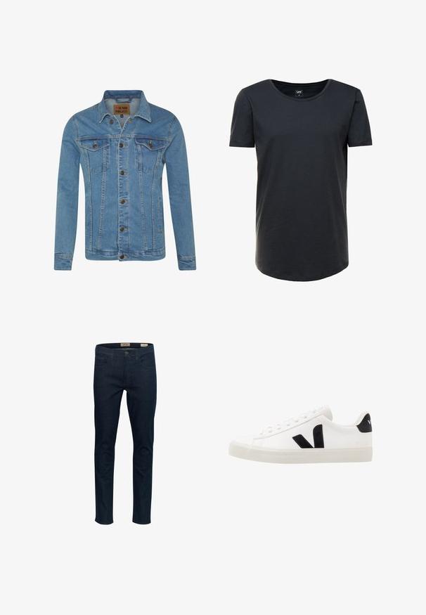 Hellblaue Denimjacke mit Kragen, zwei Brusttaschen, Knopfverschluss und kontrastierenden Nähten.; Schwarzes T-Shirt mit kurzen Ärmeln aus weicher Baumwolle. Es besitzt einen runden Ausschnitt und einen geraden Schnitt mit einem schlichten Design.; Dunkelblaue Jeans aus Denim im Slim-Fit-Schnitt, mit fünf Taschen und einem Knopfverschluss vorne. Merkmale sind feine Nähte und eine glatte Textur.; Weiße Leder-Sneaker mit schwarzen Wildlederelementen; verfügen über eine Gummisohle, eine runde Spitze und ein klassisches Schnürdesign. Seitliches Logo in Schwarz.