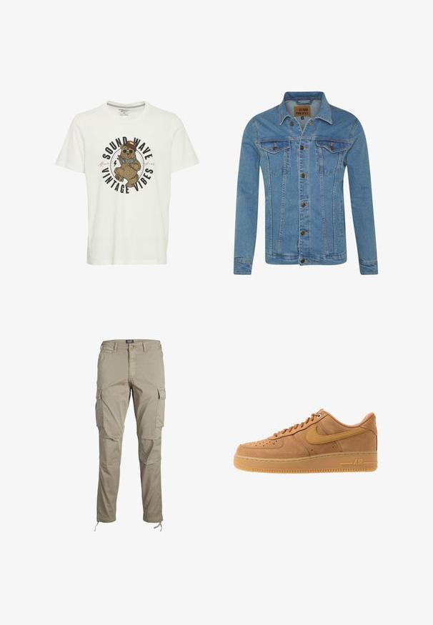 Hellblaue Denimjacke mit Kragen, zwei Brusttaschen, Knopfverschluss und kontrastierenden Nähten.; Weißes Baumwoll-T-Shirt mit einem Grafikdruck eines Bären in Sonnenbrille und Hut, mit dem Text "SOUND WAVE VINTAGE VIBES" in fetter Schrift.; Khakifarbenes Cargo-Hose aus leichtem Stoff, mit Reißverschluss, mehreren Seitentaschen und verstellbaren Säumen mit Kordeln.; Nike Sportswear AIR FORCE 1 07 - Sneaker low - flax/wheat/light brown/black/team gold