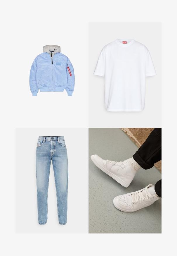 Cazadora bomber azul claro con puños y bajo acanalados, capucha gris con cremallera, bolsillos delanteros, bolsillo con cremallera en la manga y etiqueta roja en la cremallera de la manga.; Diesel BOGGY MEGOVAL - Camiseta estampada - white; Jeans de mezclilla azul claro con un corte recto, diseño de cinco bolsillos, costuras visibles y un cierre clásico de botón y cremallera. Sin adornos.; Zapatillas altas blancas hechas de cuero suave con puntera perforada, cierre de cordones y sutil detalle del logo en el lateral. Suela de goma texturizada.