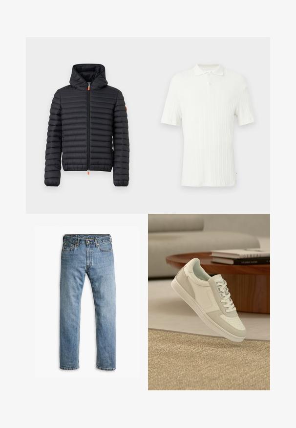 Sort pufferjakke med horisontalt quiltet design, fast hætte og kontrastfarvet orange lynlås. Letvægts, glat tekstur.; Hvid kortærmet poloshirt med ribstrikket tekstur, krave og enkelt knaplukning øverst.; Blå straight-leg denim jeans med fem lommer, bæltestropper og metalknaplukning på en hvid baggrund.; Hvid og lysegrå sneaker med snørebånd, placeret i luften over et struktureret beige tæppe og foran et træbord med stablede bøger.