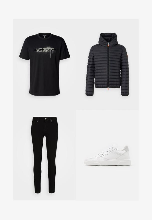 Chaqueta de plumas negra con diseño acolchado horizontal, capucha adjunta y tirador de cremallera naranja en contraste. Ligera, con textura suave.; Camiseta de algodón negra con un gráfico de texto en spray "ANTONY MORATO" en gris con detalles de goteo, mangas cortas y cuello redondo.; Jeans ajustados negros con una textura suave, diseño de cinco bolsillos, cierre frontal con botón y silueta elegante. Estilo minimalista sin patrones visibles.; Zapatillas de cuero blanca con un acabado suave, punta redondeada, cordones planos y una suela texturada. Acento de ante gris en el talón.