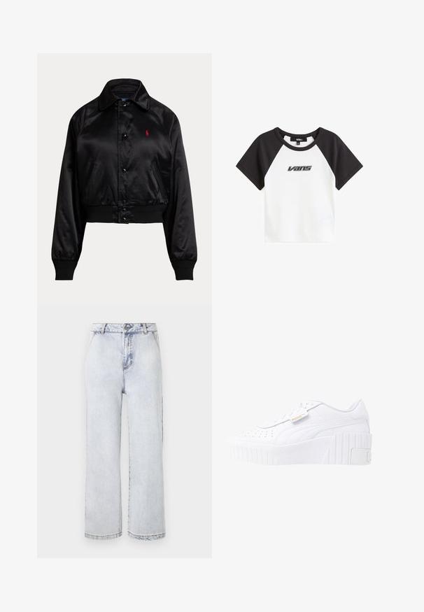 Sort satin bomberjakke med trykknapper, ribstrikkede manchetter og kant samt skrå forlommer og lille rødt broderet logo på venstre bryst.; Hvid T-shirt med sorte raglanærmer og et sort Vans-logo trykt på fronten. Den har en rund halsudskæring og et kort design.; Lyseblå denim bredbenede jeans med høj talje, med knaplukning, lige kant og minimal falming.; Hvide læder platform sneakers med en tekstureret gummisål, perforeret overdel for åndbarhed og et guld logo detaljeret på siden.
